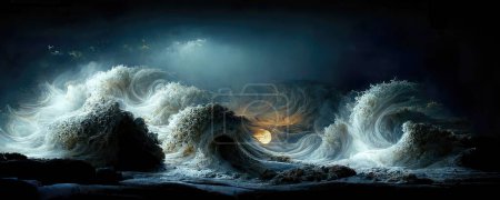 Fantasía de noche de paisaje marino de hermosas olas con luna llena como ilustración