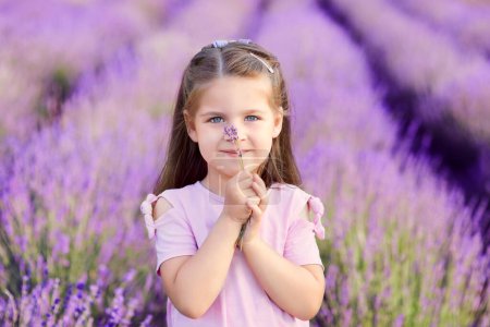 Foto de Adorable niña caucásica con lavanda en las manos de pie en el campo de lavanda. Flor, infancia, paz - Imagen libre de derechos
