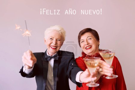 Foto de Dos hermosas mujeres maduras maduras y elegantes celebrando el año nuevo. Diversión, fiesta, estilo, concepto de celebración - Imagen libre de derechos