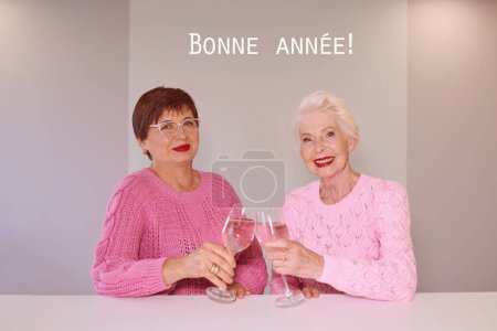 Téléchargez les photos : Deux femmes mûres en pull rose, buvant du vin et célébrant - en image libre de droit