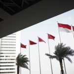 The Indonesian flag flies among other flags