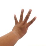 Man asian hand show four fingers on white background