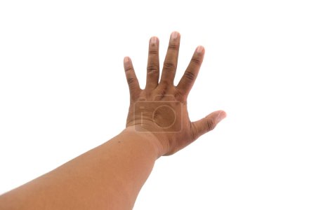 Téléchargez les photos : Asiatique main mâle montrant cinq doigts, vue de face de la paume des mains. Isolé. - en image libre de droit