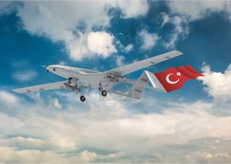 Téléchargez les photos : Bayraktar TB2 Véhicule aérien sans pilote glissant à travers les nuages avec drapeau turc. Bayraktar TB2 Haute Altitude Longue Endurance, Véhicule aérien de combat sans pilote. - en image libre de droit