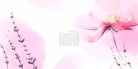Rosa Aquarell-Vektorhintergrund mit zarten Blumen und subtilen Graselementen