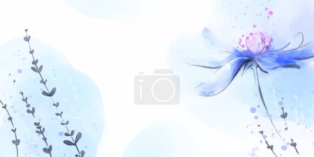Blauer Aquarell-Vektorhintergrund mit zarten Blumen und subtilen Graselementen