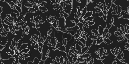 Ilustración de Elegante patrón floral sin costuras ramas con flores de magnolia. Repetir impresión en blanco y negro con delicados pétalos. Minimalismo de línea simple. - Imagen libre de derechos