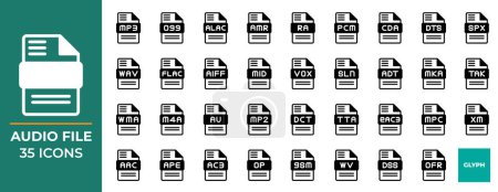 Conjunto de iconos de tipo de archivo de audio, colección de iconos sólidos vectoriales, se puede utilizar para interfaces de sitios web, aplicaciones móviles y software.