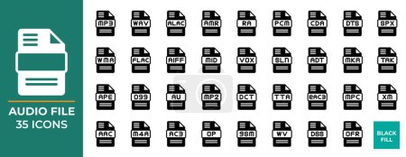Type de fichier audio Icône Set. Design de style de remplissage noir. Format d'extension de fichier Symboles Icônes Collection. Illustration vectorielle.