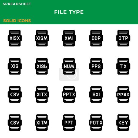 file type icon spreadsheet set. with solid design, files format document collection