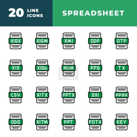 File type spreadsheet set. document format files icons with a combination of outline and color.