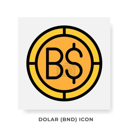 Dólar BND icono de la moneda. Brunei Símbolo financiero Iconos planos, en color dorado Diseño gráfico. Ilustraciones vectoriales.
