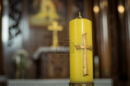 Photo for Church cross made of silver with Jesus Christ. Altar church with crosses. Soft selective focus. Artificially created grain for the picture - Royalty Free Image