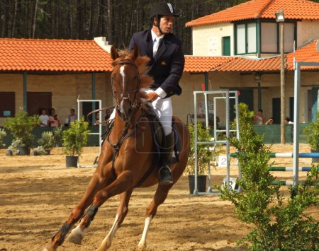 Foto de Jinete espectáculo caballo saltar - Imagen libre de derechos