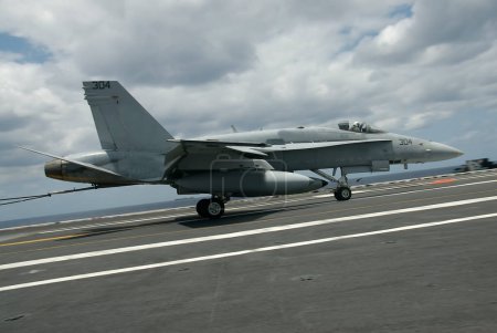 Foto de F-18 Hornet aterrizando. Avión militar moderno - Imagen libre de derechos