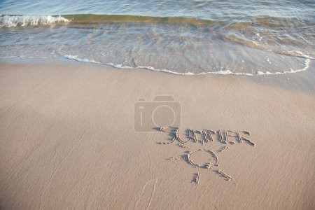 Téléchargez les photos : Texte écrit sur une plage de sable - en image libre de droit