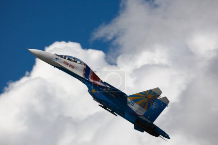 Photo for Performance of the aerobatic team rusian Knights, rusian air force. On plane Sukhoi Su-30SM, NATO code name: Flanker-C. International Military-Technical Forum Army-2020 . 09.25.2020 - Royalty Free Image