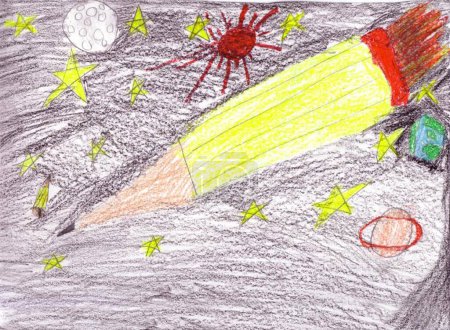 Téléchargez les photos : Dessin d'enfant - espace, vaisseau spatial, étoiles et planètes - en image libre de droit