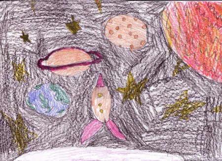 Photo for Kid drawing - space, spaceship, stars and planets - Royalty Free Image