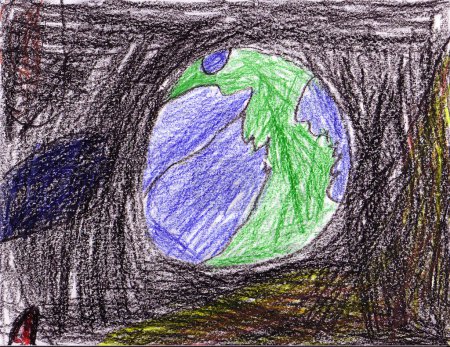 Photo for Kid drawing - space, spaceship, stars and planets - Royalty Free Image