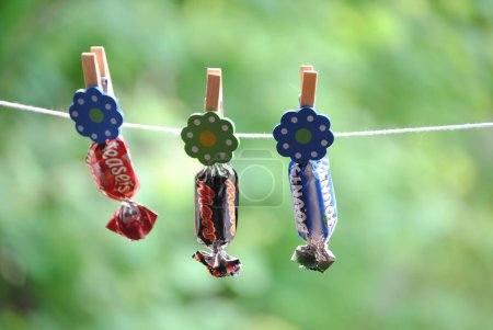 Photo for Candies on clothespins in blurred garden - Royalty Free Image