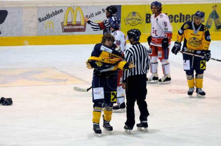 Photo for ZELL AM SEE, AUSTRIA - NOVEMBER 30: Austrian National League. Scoring chance for ATSE Graz. Game EK Zell am See vs. ATSE Graz (Result 0-4) on November 30, 2010, at hockey rink of Zell am See - Royalty Free Image