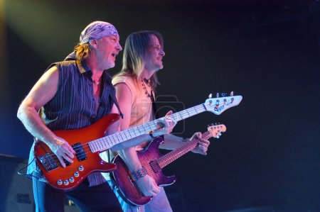 Photo for BRNO, CZECH REP., FEBRUARY-22: Steve Morse(R) and  Rodger Glover (L) from British band Deep Purple in performance at the hall Rondo February 22, 2006 in Brno, Czech Republic. The group arrived as part of tour for the new album Rapture Of The Deep. - Royalty Free Image