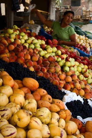 Téléchargez les photos : Le péruvien à un comptoir avec des fruits - en image libre de droit
