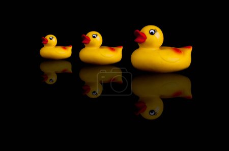 Photo for Three Toy Rubber ducks on black - Royalty Free Image