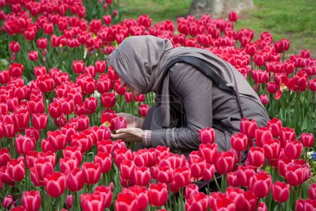 Photo for Muslim girl among red tulips - Royalty Free Image