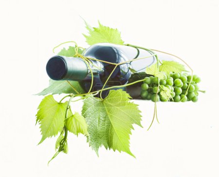 Téléchargez les photos : Bouteille de vin et raisins avec des feuilles sur fond blanc - en image libre de droit