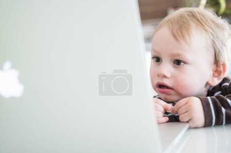Photo for Little boy with laptop on white background - Royalty Free Image