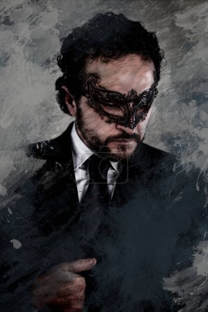 Foto de Imagen artística del hombre misterioso enmascarado veneciano y elegante traje negro - Imagen libre de derechos