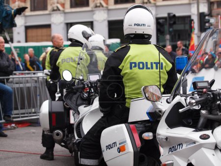 Photo for Danish policemen on motorcycle during bicycle road race rudersdal 2011 - Royalty Free Image