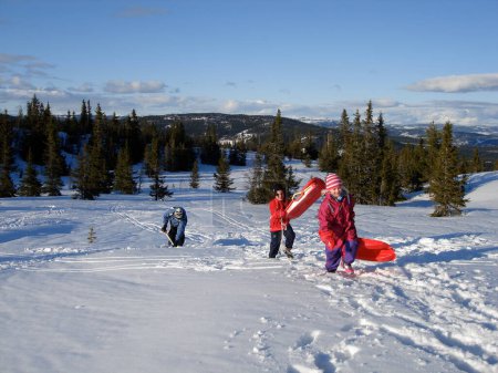 Téléchargez les photos : Style de vie scandinave - les enfants jouent dans la neige - en image libre de droit