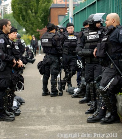 Photo for PORTLAND, OREGON - NOVEMBER 17, 2011: Portland Police in Riot Gear Closeup in Downtown Portland, Oregon during a Occupy Portland Protest Against Banks on the first anniversary of Occupy Wall Street - Royalty Free Image