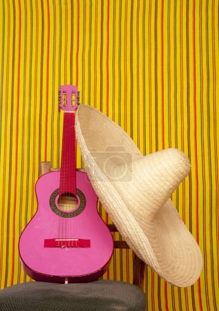 Photo for Charro mexican hat pink guitar - Royalty Free Image