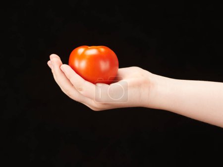 Foto de Mano de niño con tomate y palma hacia arriba - Imagen libre de derechos