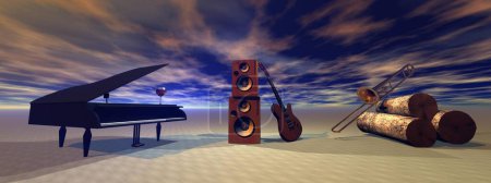 Photo for 3 d rendering of a music piano with a guitar on a beautiful sunset background - Royalty Free Image