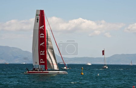 Photo for NAPLES - APRIL 12: Catamaran of team races during the america's cup world series competition on April 12, 2012 in Naples - Royalty Free Image
