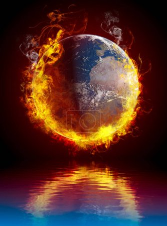Foto de Un concepto de calentamiento global. Planeta Tierra ardiendo sobre el reflejo del agua - Imagen libre de derechos