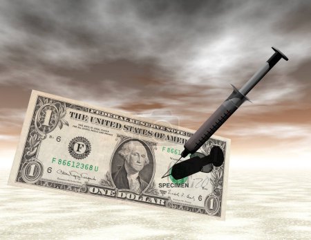 Foto de Dólar con jeringa sobre fondo nublado - Imagen libre de derechos