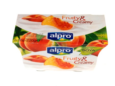Photo for Alpro Fruit Soya Yogurt on background, close up - Royalty Free Image