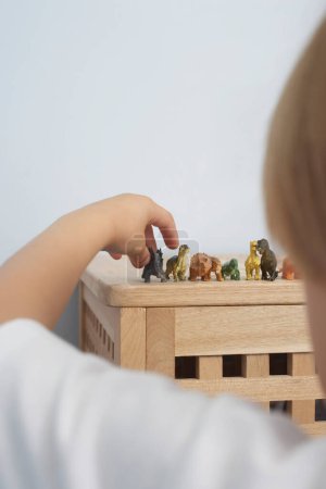 Foto de Vista de Boy arreglando figuras de dinosaurios - Imagen libre de derechos
