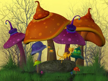 Téléchargez les photos : Dessin animé scène de conte de fées avec des champignons dans la forêt - illustration pour les enfants - en image libre de droit