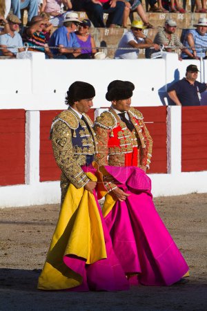Photo for Spanish Bullfighter Curro Diaz and Jose Maria Manzanares with the Cape in the Bullfight, Linares, Jaen, Spain - Royalty Free Image