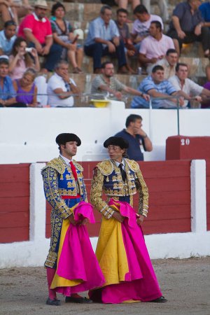 Photo for Spanish Bullfighter Curro Diaz and Morante de la Puebla with the Cape in the Bullfight, Linares, Jaen, Spain - Royalty Free Image
