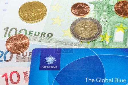 Photo for European Euro bank notes Cent coins and Global Blue card - Royalty Free Image
