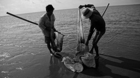 Téléchargez les photos : Pêcheurs travaillant sur la plage - en image libre de droit