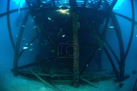 Téléchargez les photos : Pont en bois sous-marin au crépuscule près du centre de plongée à Mabul-S - en image libre de droit